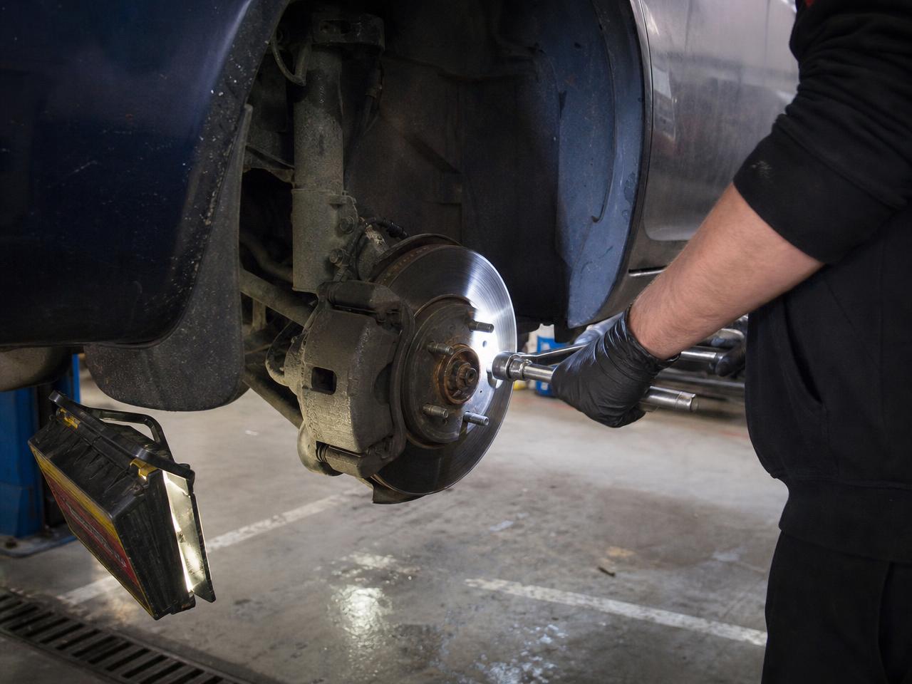 A technician torquing a wheel hub with the brake disc exposed in a service bay — parts and labour covered by a warranty