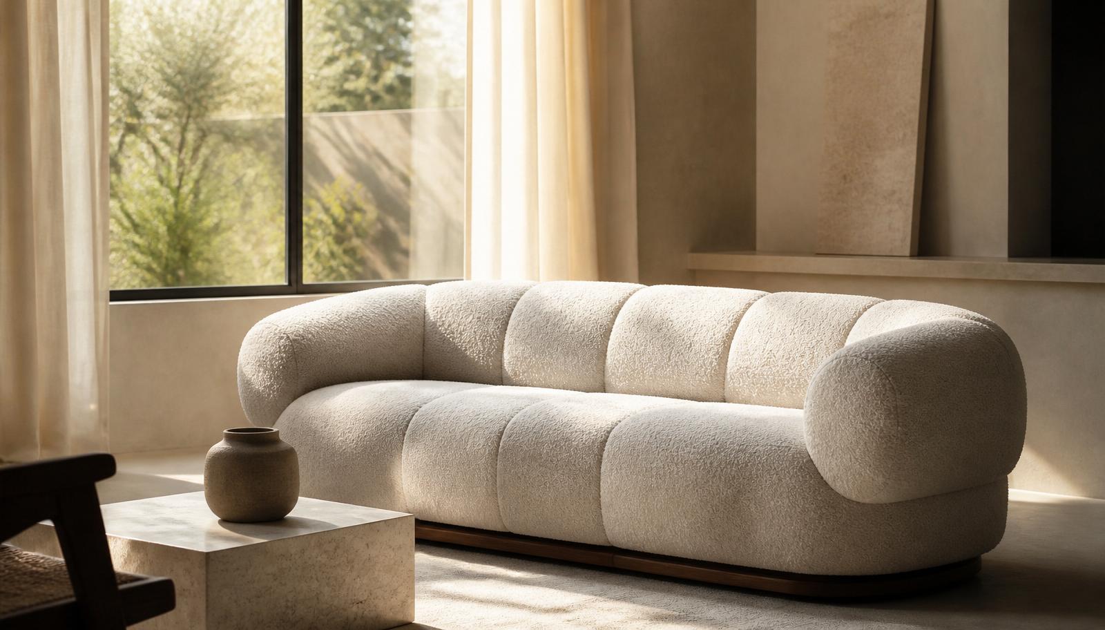 A boucle sofa in a sunlit living room — covered by a multi-year furniture warranty