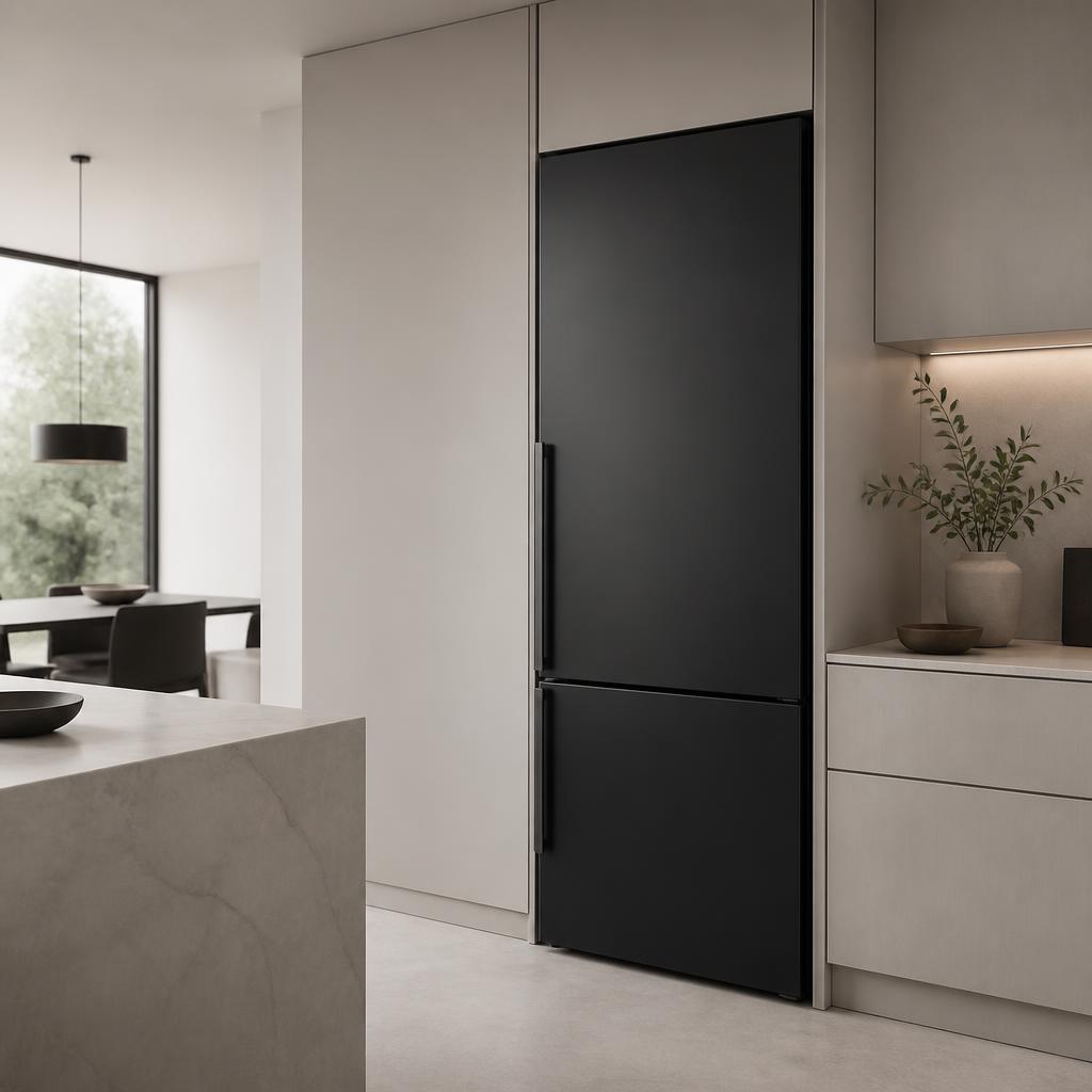 A matte-black refrigerator in a minimal modern kitchen — a large appliance covered by a manufacturer warranty