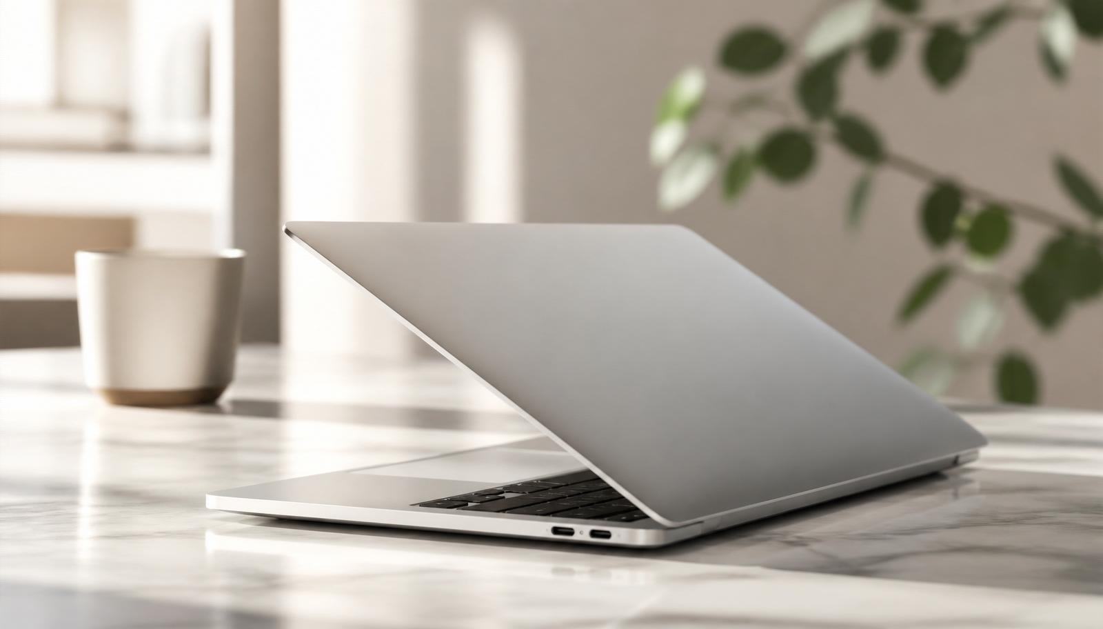 A premium silver laptop half-open on a pale marble desk — a business managing warranties from anywhere