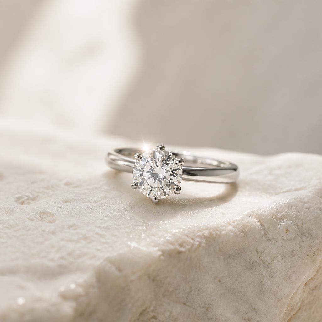 A solitaire diamond ring resting on natural stone — protected by a jeweler's care plan
