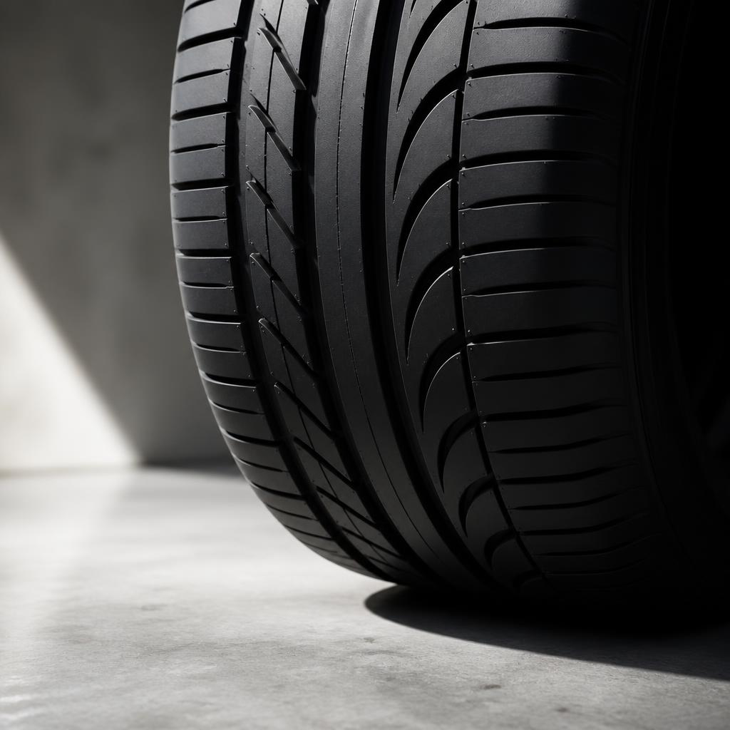 Close-up macro of a new car tire tread — every product, every warranty, tracked