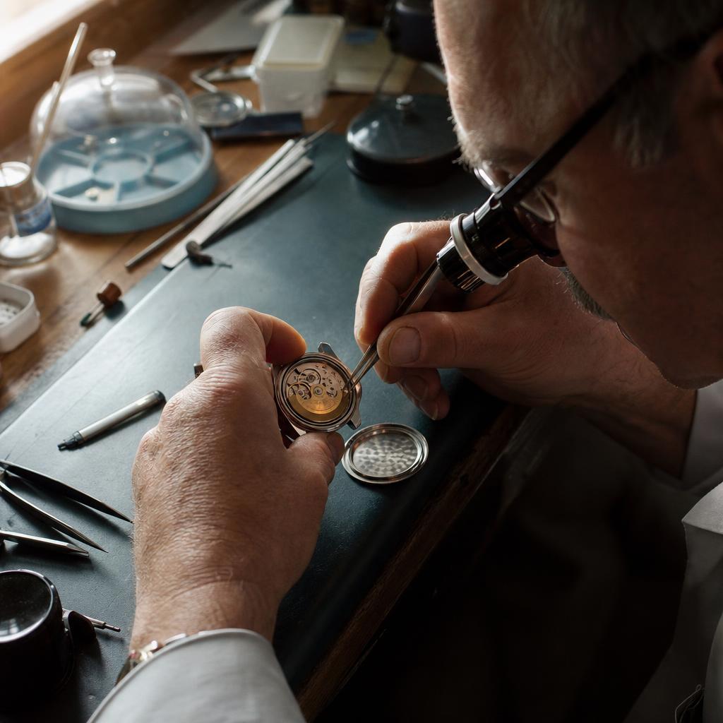 A watchmaker inspecting an automatic watch movement through a loupe at the bench