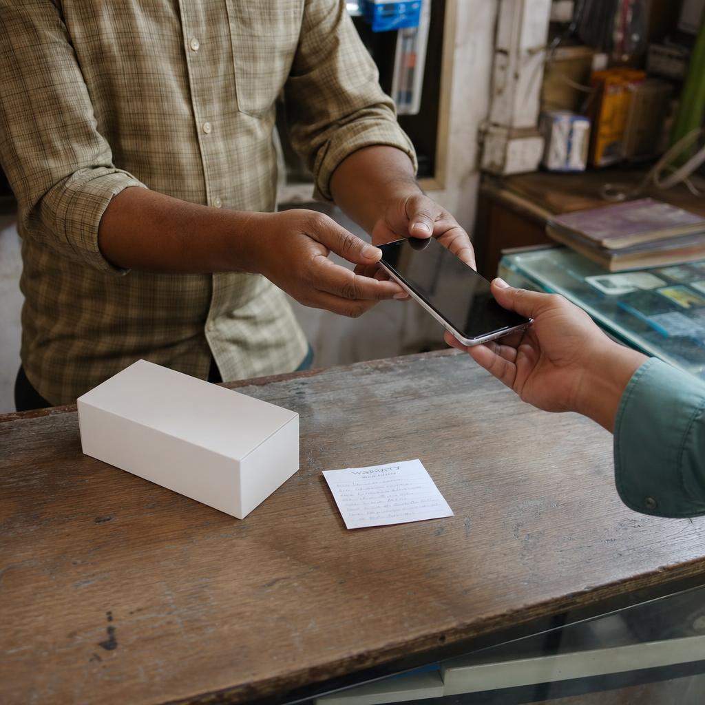 A shop owner handing a new phone across a wooden counter beside its box and warranty slip